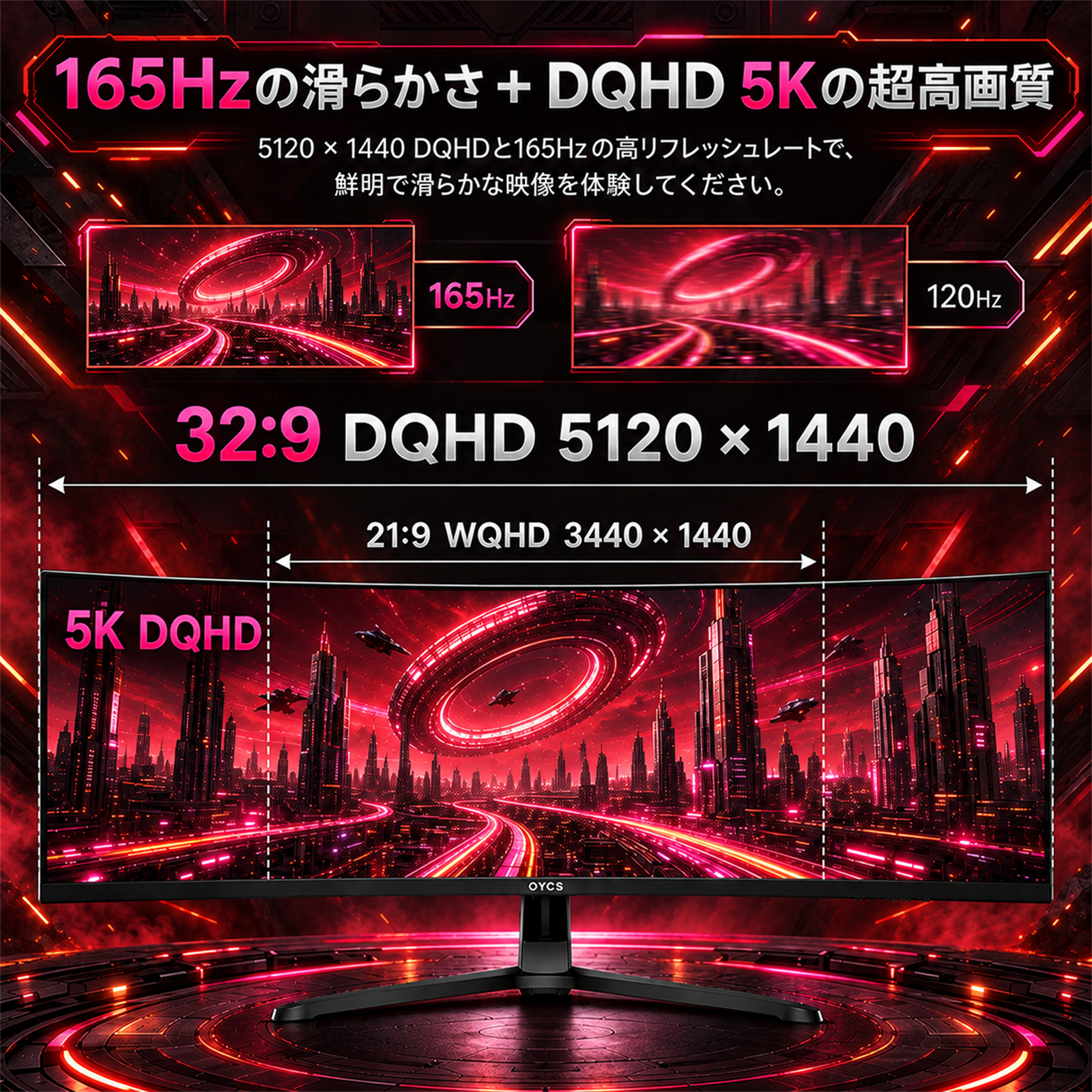 OYCS OY-CS44 45インチ 曲面ゲーミングモニター｜DQHD 5120×1440・165Hz・1ms・1500R - 图片 2